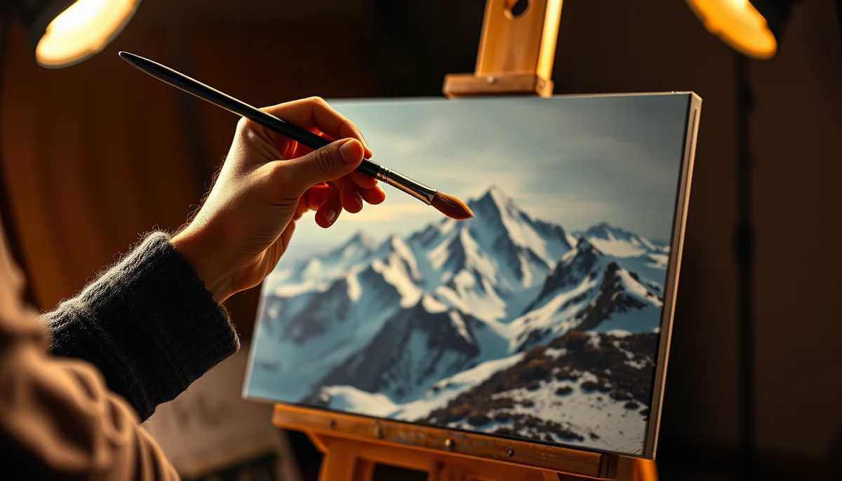 A painter's hand holds a brush over a half-finished oil painting of snowy mountains