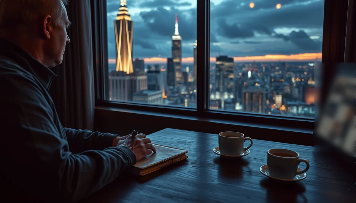 A film producer at a desk by a tall window looks out over a city at dusk with a notebook and coffee