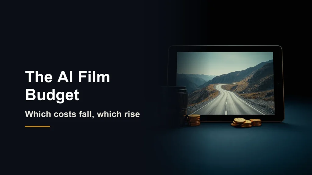 Headline The AI Film Budget, which costs fall, which rise, beside a cinema lens, gold coins and a tablet showing a mountain road