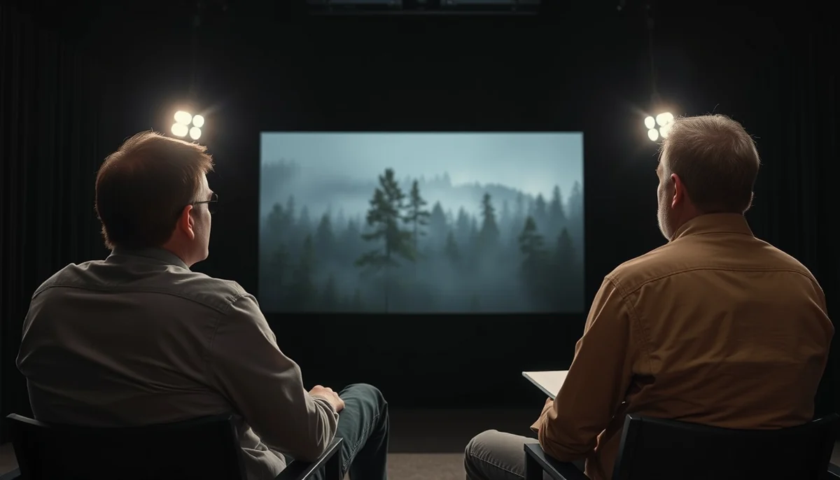 A producer and a director watch a misty pine forest shot on a big screen in a dark screening room