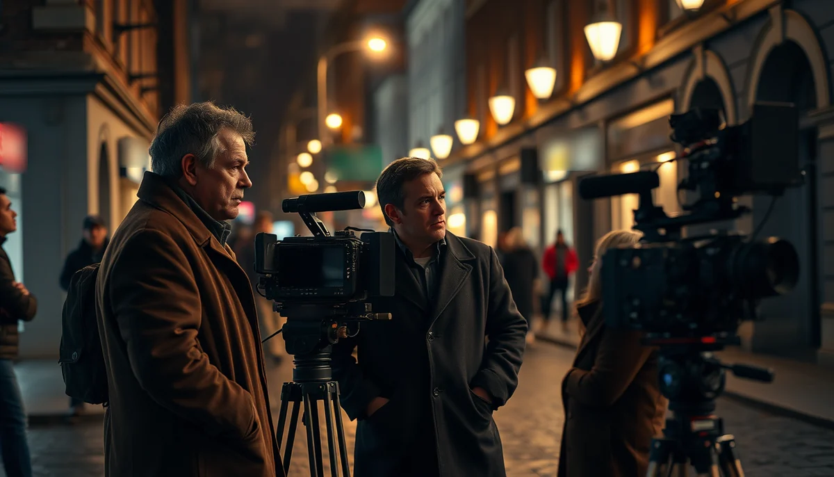 A director and an actor talk beside a cinema camera on a night street set