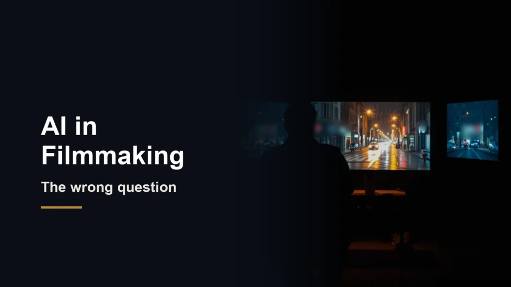 Headline AI in Filmmaking, the wrong question, beside a director in silhouette watching a rainy city street on a monitor