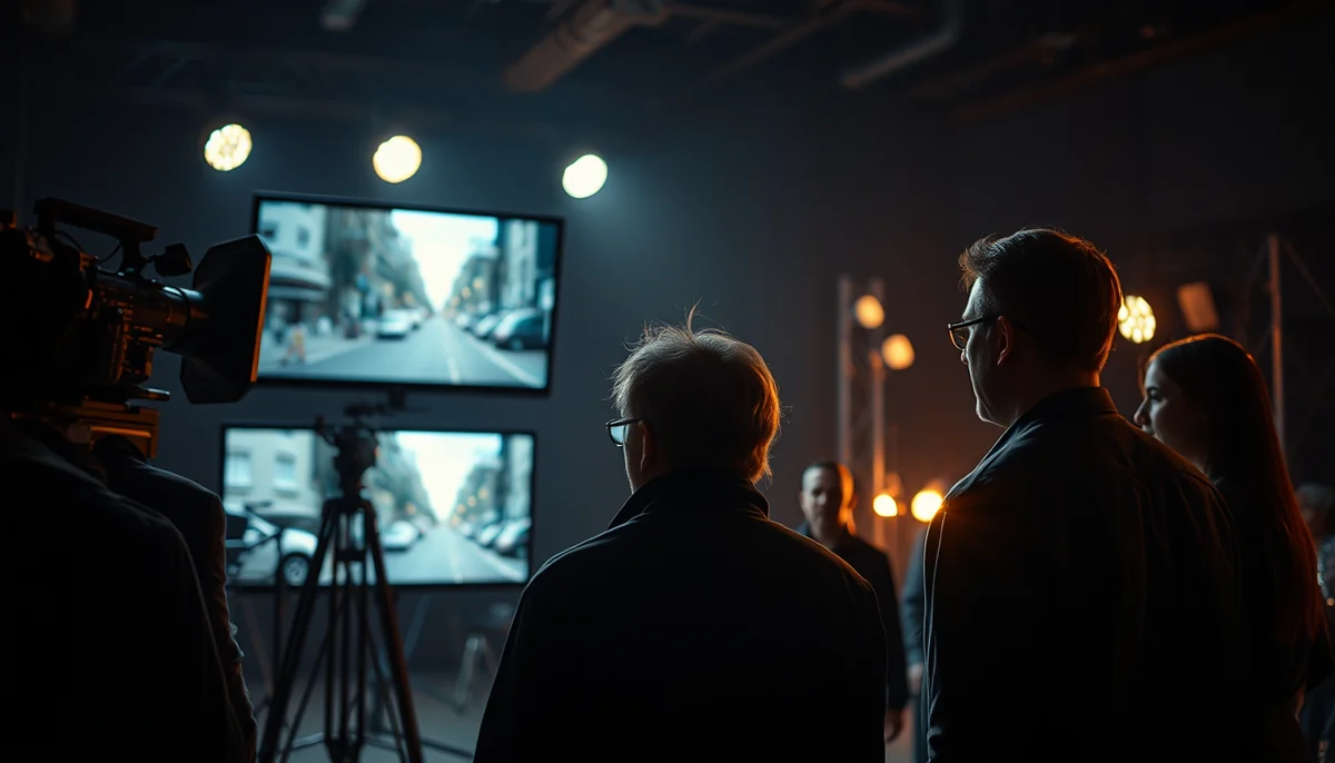 Crew members on a film set watch a street scene on two monitors beside a cinema camera