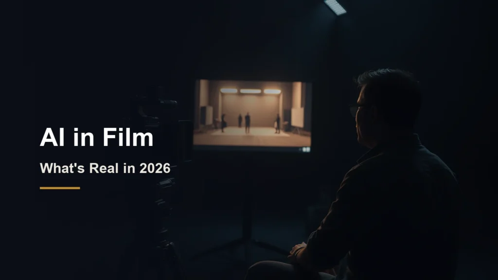 Headline AI in Film, what's real in 2026, beside a crew member watching a monitor on a dark film set