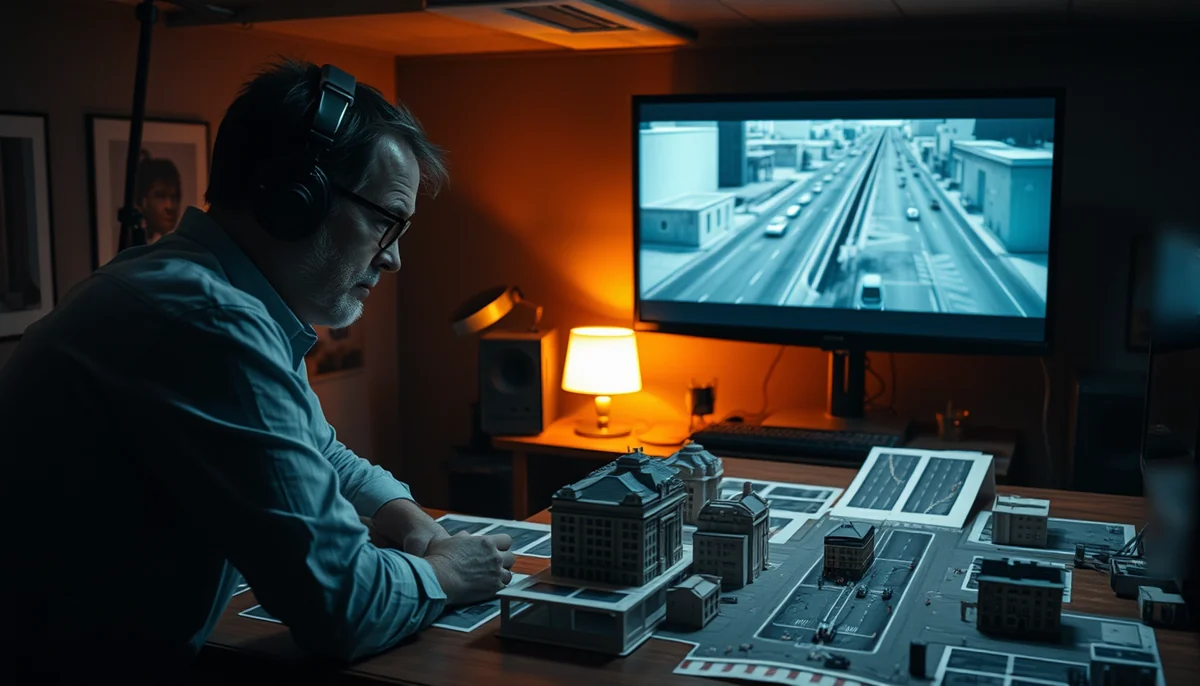 A director studies a miniature city set on his desk while a monitor shows a 3D previs render of a highway