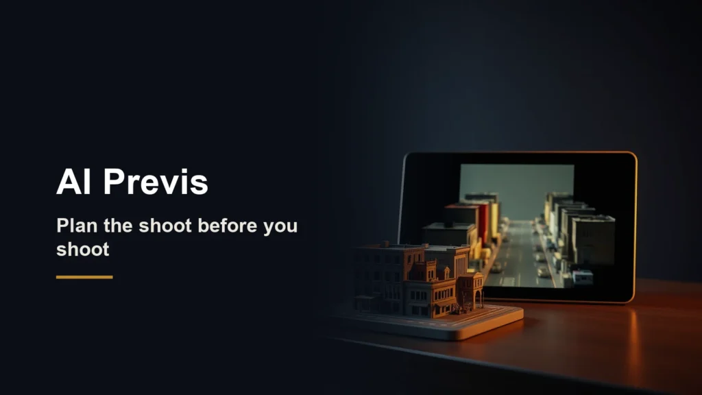 Headline AI Previs, plan the shoot before you shoot, beside a miniature street model and a tablet showing the same street as a 3D render