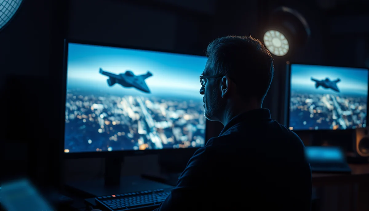 A compositing artist looks at a large monitor showing a spaceship over a city at night