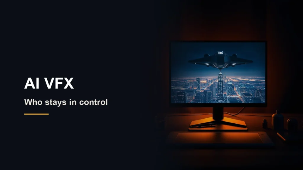 Headline AI VFX, who stays in control, beside a monitor showing a spaceship above a city at night