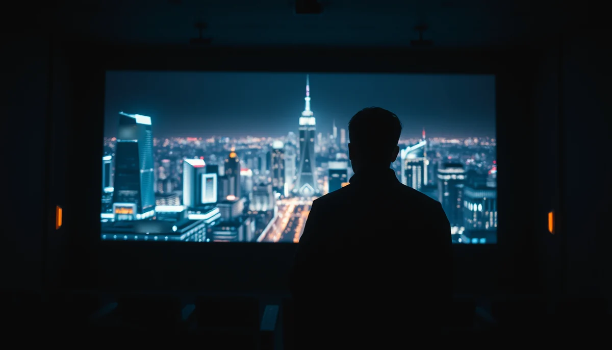 A person stands in a dark screening room facing a large screen showing a futuristic city at night