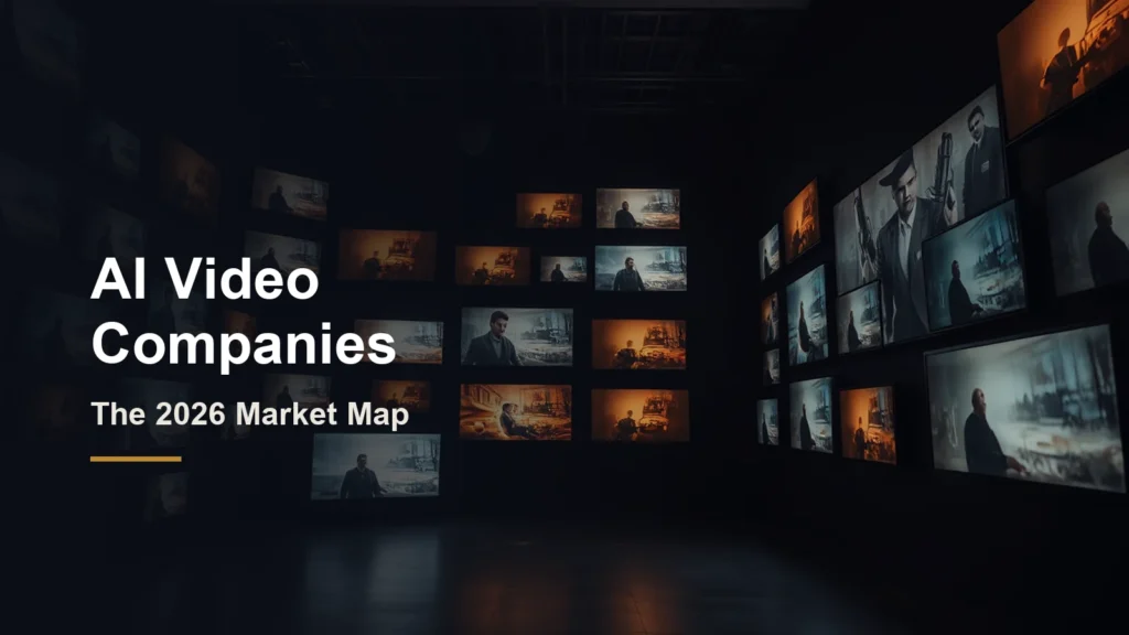Headline AI Video Companies, the 2026 market map, over a dark gallery wall of glowing screens showing film stills