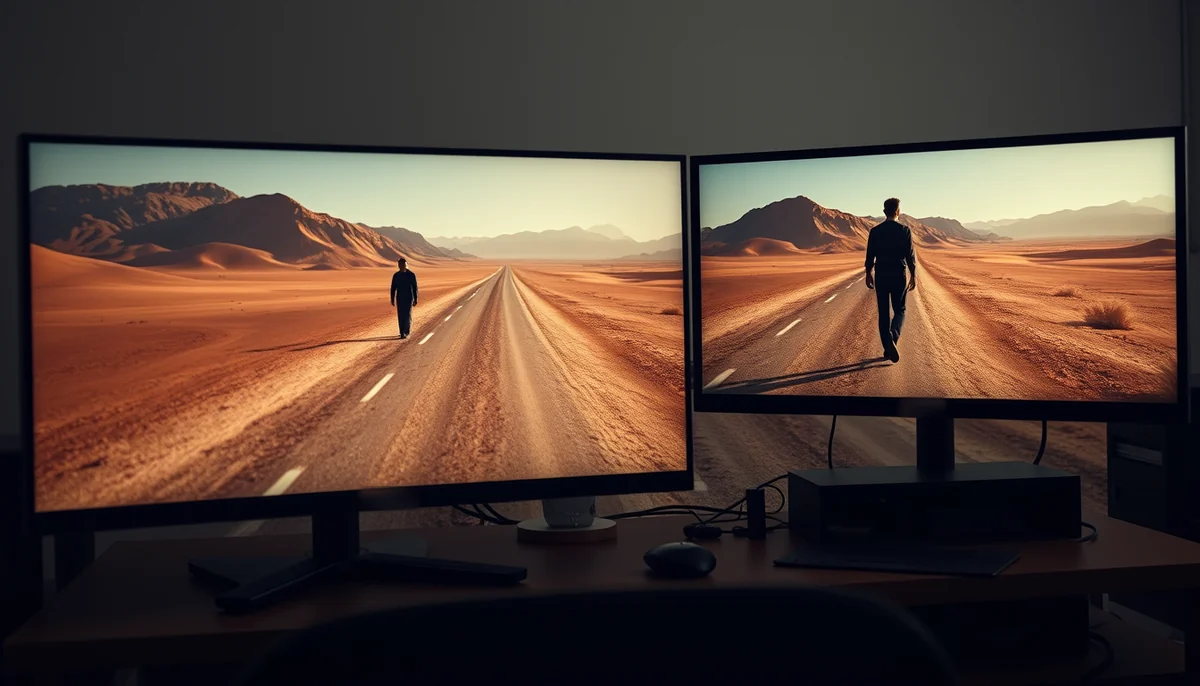 Two monitors show the same desert road walker, one in a wide frame and one reframed closer on the figure