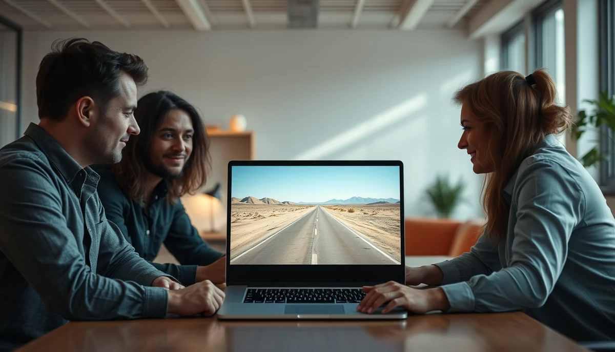 Three colleagues smile around a laptop showing a desert road in a bright office