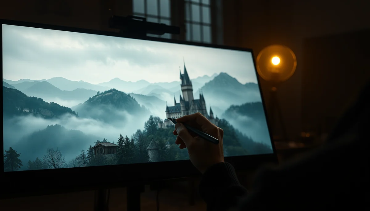 A digital artist draws with a stylus on a large pen display showing a castle in misty mountains