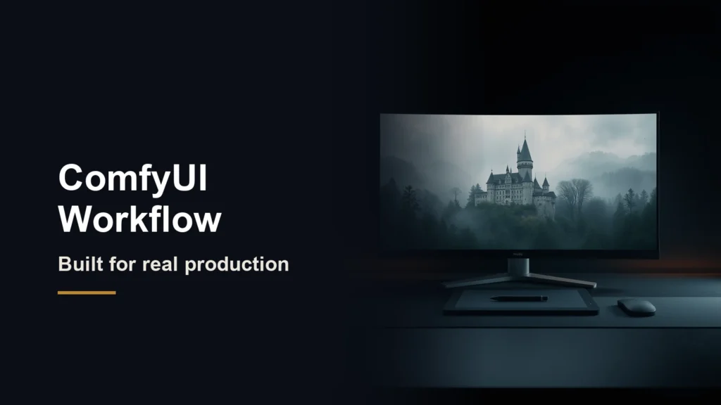 Headline ComfyUI Workflow, built for real production, beside a monitor showing a painted castle in a misty forest