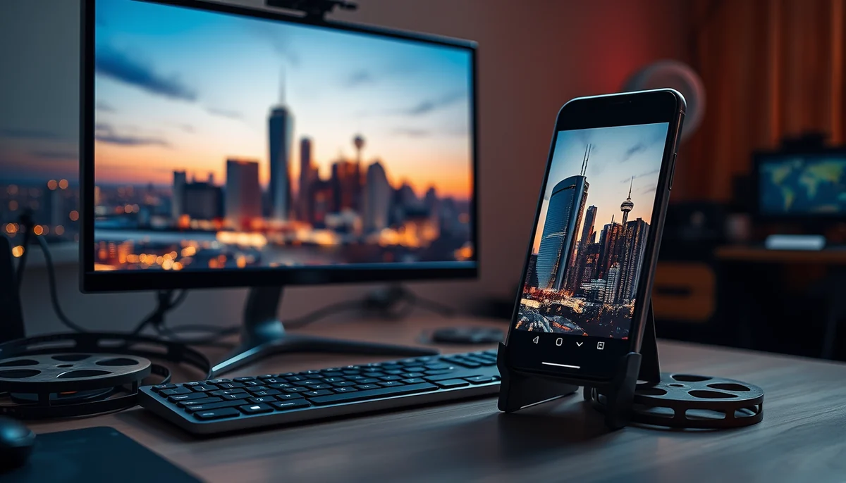 A city skyline at dusk shown in widescreen on a monitor and in vertical format on a phone on the same desk