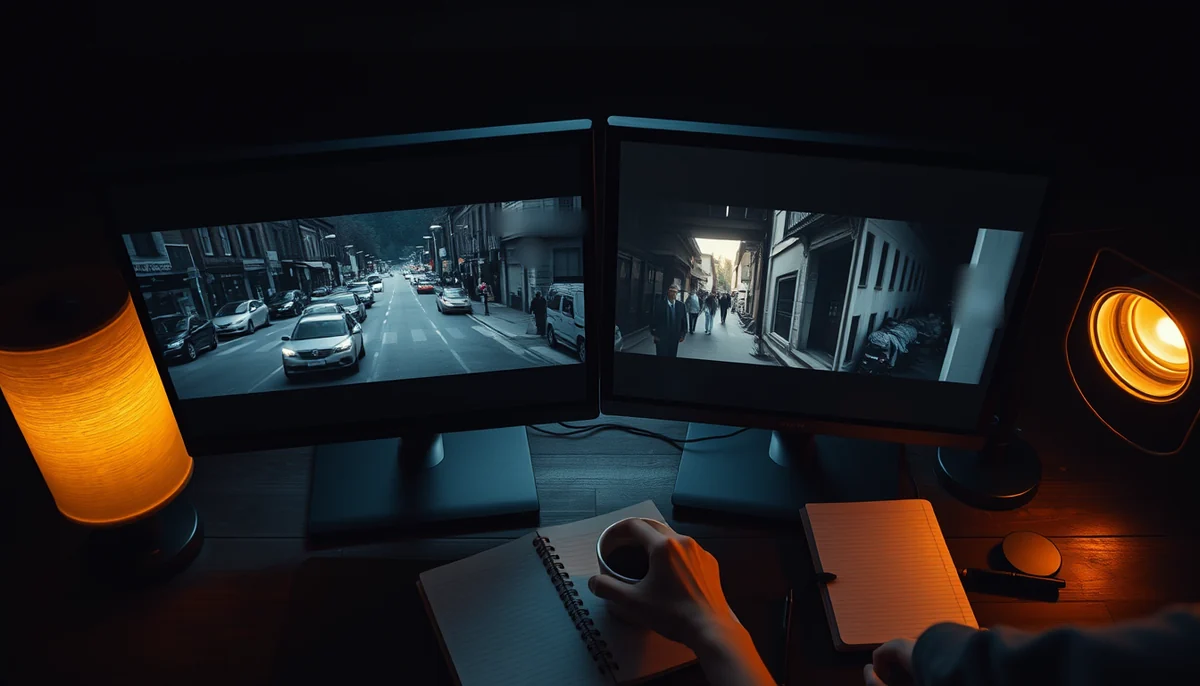 Two monitors on an editing desk show street scenes from the same shoot while an editor takes notes