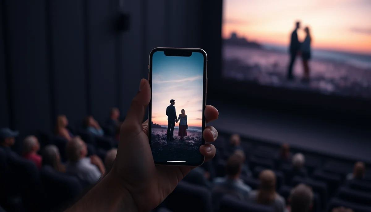 A hand holds a phone showing a couple at dusk in vertical format while the same scene plays in widescreen on a cinema screen