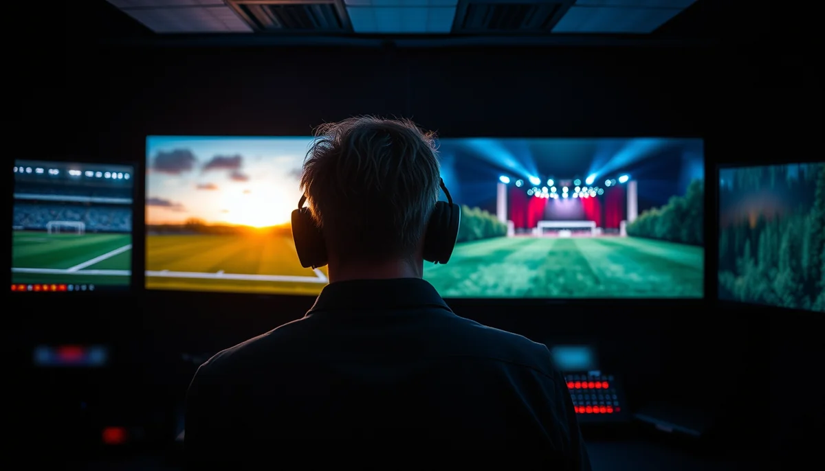 A broadcast engineer in headphones faces monitors showing a football pitch, a sunset field and a concert stage