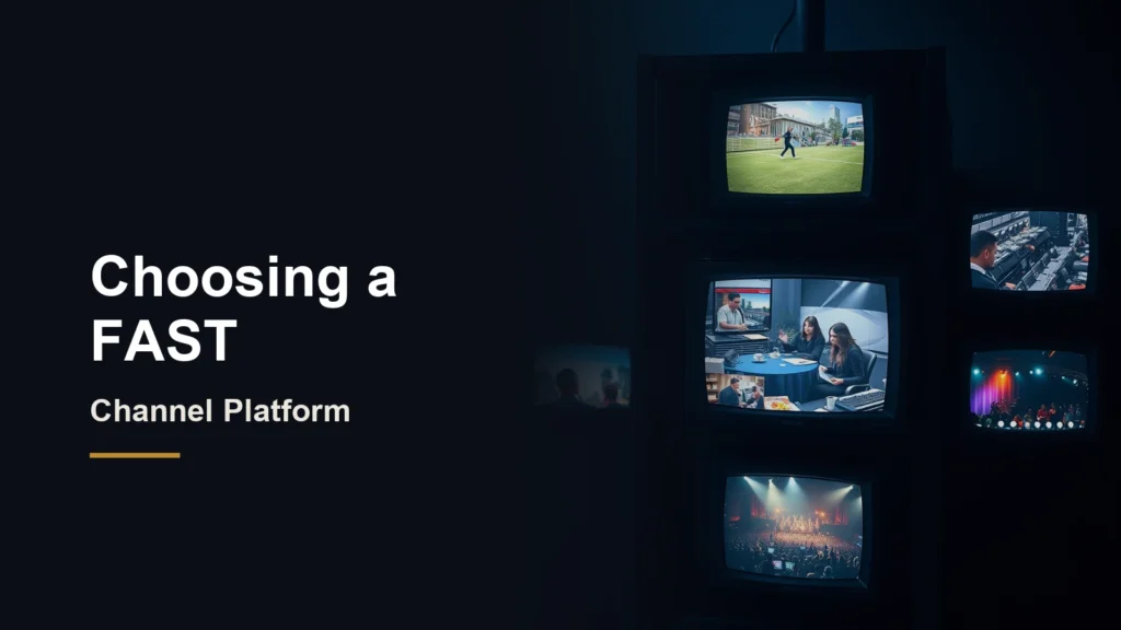 Headline Choosing a FAST Channel Platform beside a rack of broadcast monitors showing sport, a studio and a concert
