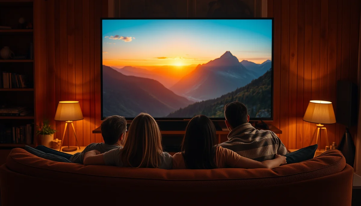 A family on a sofa watching a mountain sunrise on a large living-room television at night