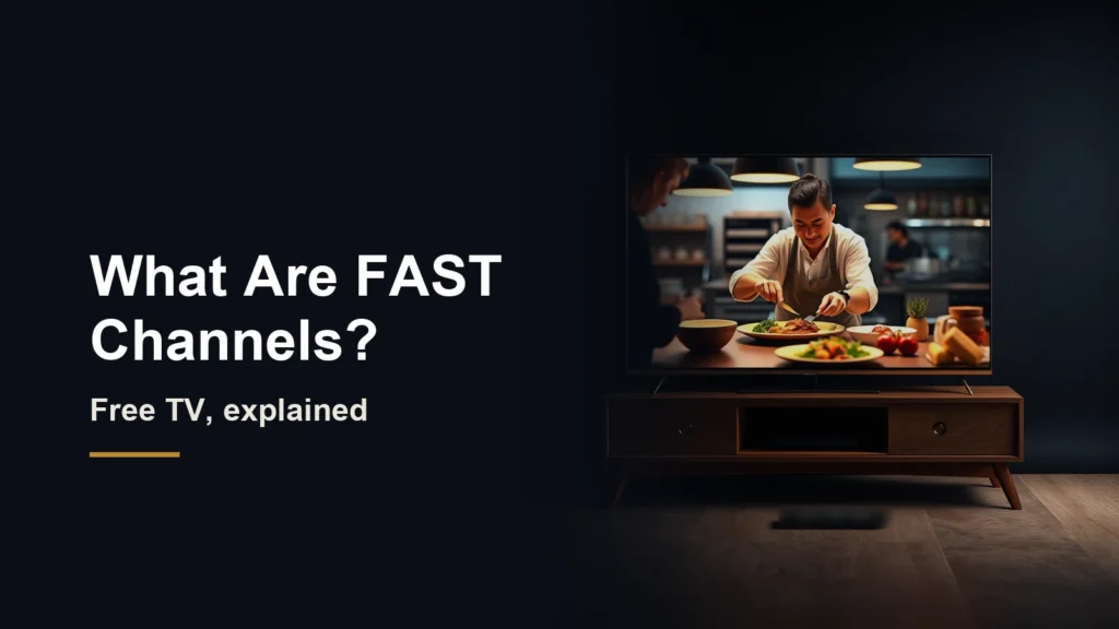 Headline What Are FAST Channels? Free TV, explained, beside a television on a wooden stand showing a chef plating food