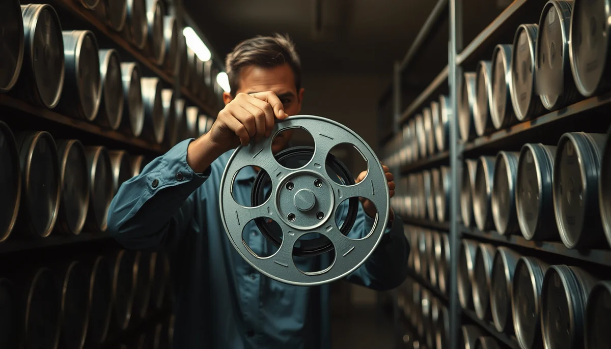 An archivist holds up a film reel in a vault lined with metal film canisters