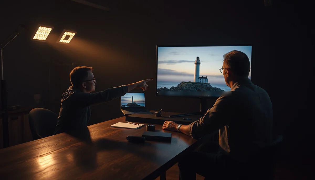 Two post-production professionals review a lighthouse shot on a large monitor, one pointing at the screen