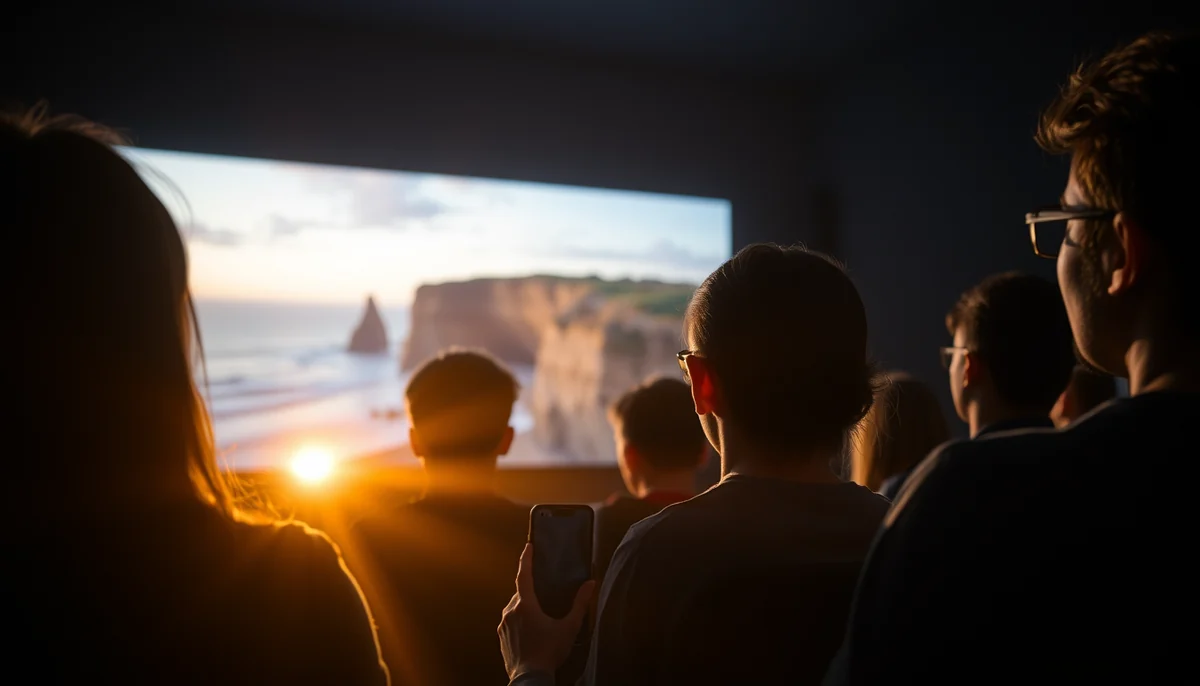 An audience in a dark cinema watches a coastal sunset scene on the big screen