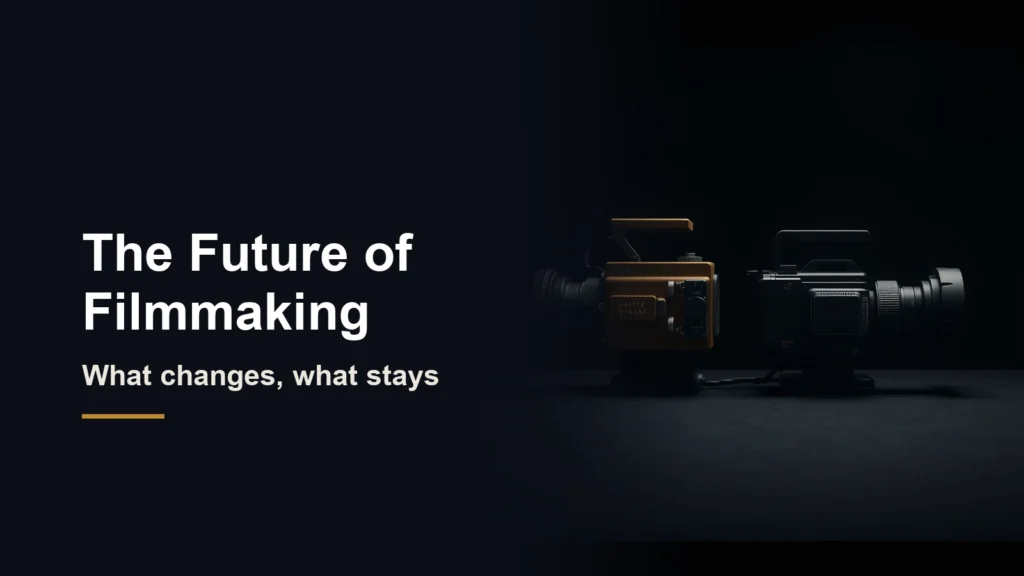 Headline The Future of Filmmaking, what changes, what stays, beside a vintage film camera and a modern cinema camera