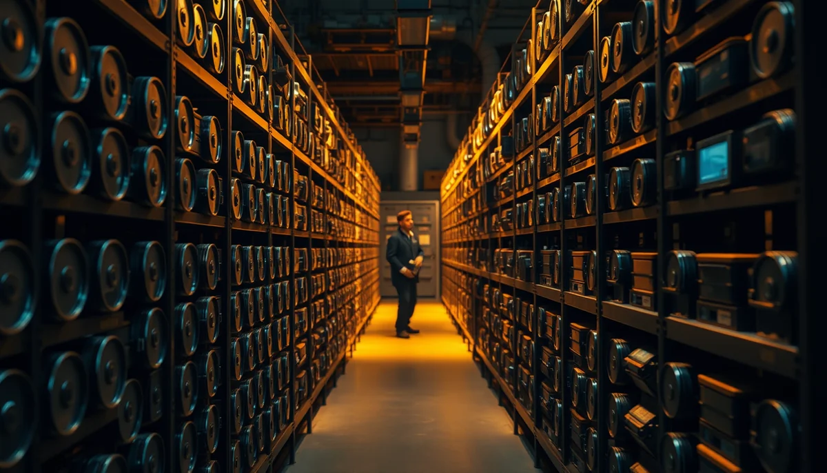 An archivist stands at the end of a long corridor of shelves lined with film canisters and reels