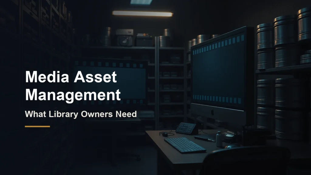 Headline Media Asset Management, what library owners need, over an archive room with film canisters and a desk monitor