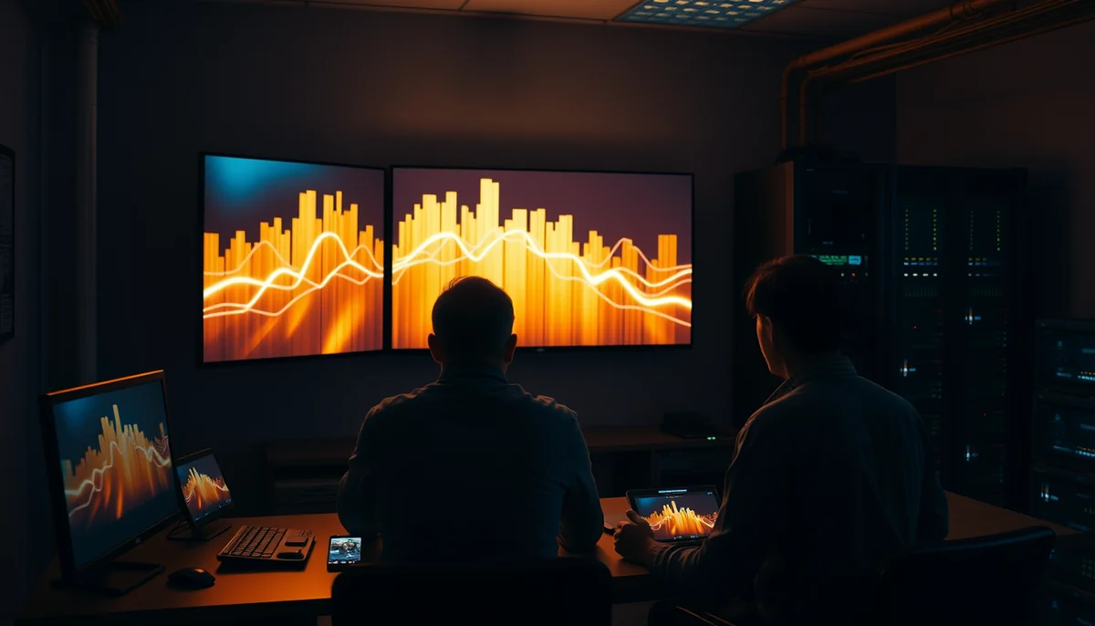 Two analysts in a dark operations room review glowing usage charts on large wall monitors