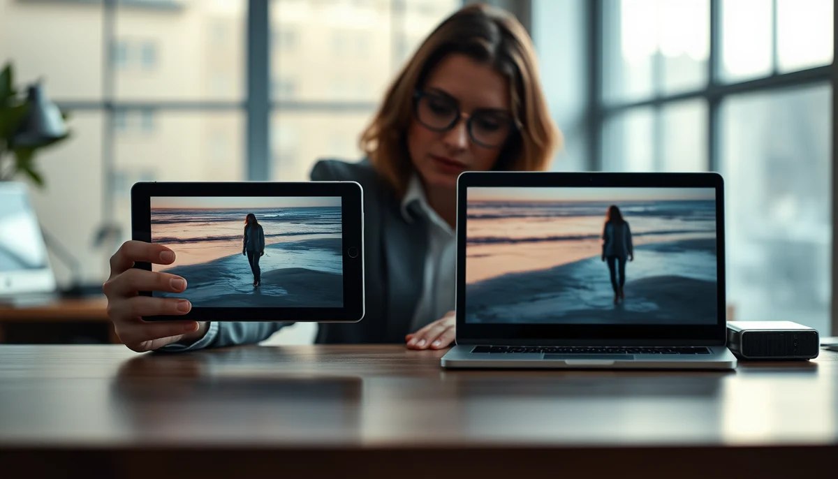 A media executive compares the same beach scene playing on a tablet and on a laptop