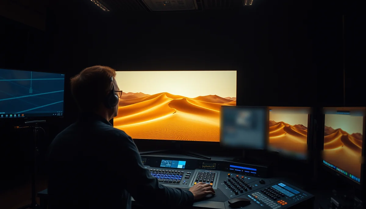 A colorist at a grading console reviews golden desert dunes across several monitors