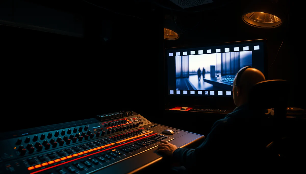 A mixer at a large mixing console watches a film scene framed like a filmstrip on the monitor