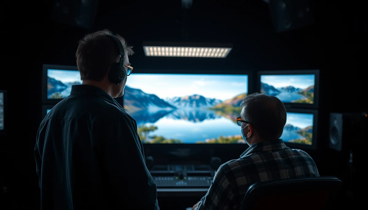 A supervisor in a headset stands behind a seated editor as they review a mountain lake shot on a wall of monitors