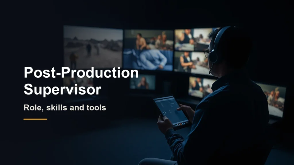 Headline Post-Production Supervisor, role, skills and tools, beside a person in a headset holding a tablet in front of a wall of monitors