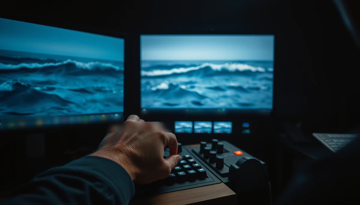 An editor's hand on an edit controller in front of monitors showing ocean waves at night