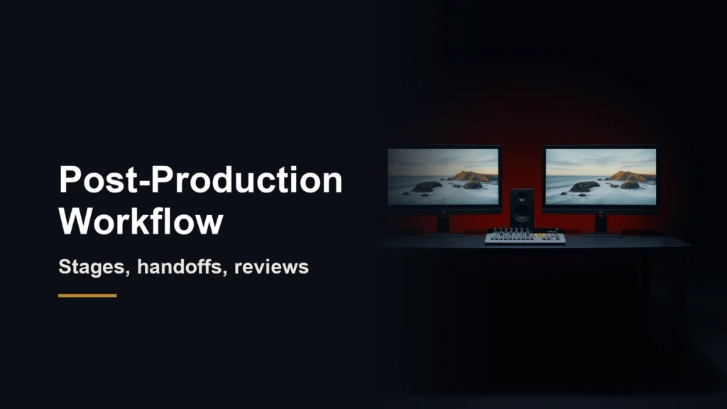 Headline Post-Production Workflow, stages, handoffs, reviews, beside an edit desk with two monitors showing coastline shots