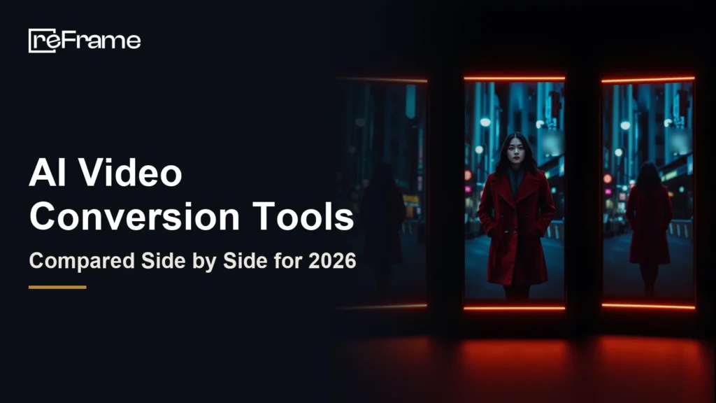 Three glowing vertical video panels showing a woman in a red coat on a neon city street, each framed differently