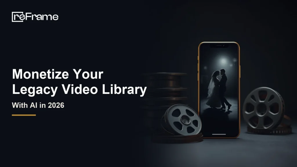Vintage film reels beside a smartphone showing a black and white film scene of a couple dancing in vertical format