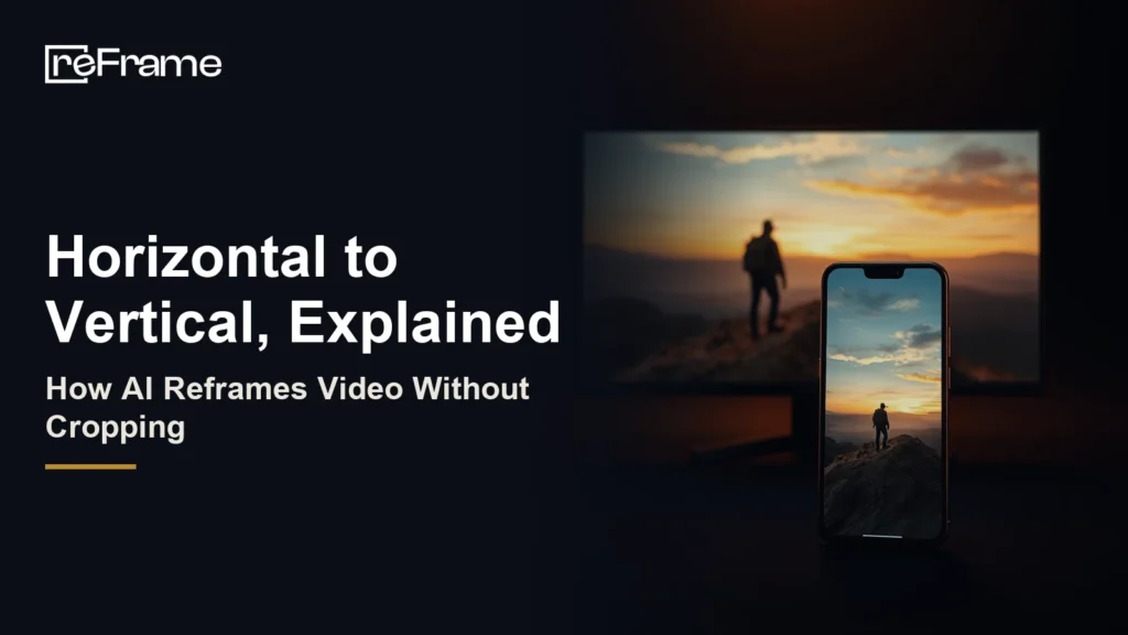 Widescreen monitor showing a traveller on a ridge at sunset beside an upright smartphone showing the same scene as a full vertical shot