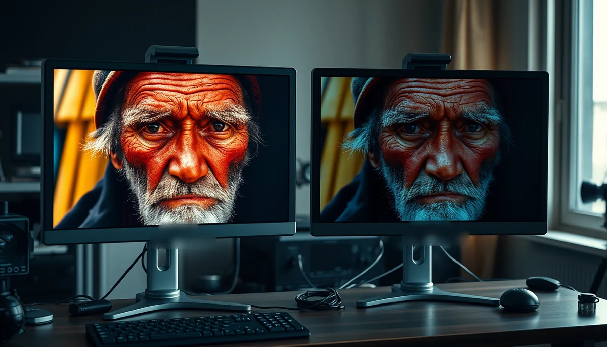 Two monitors show the same close-up of an elderly fisherman, graded warm on the left and cool on the right