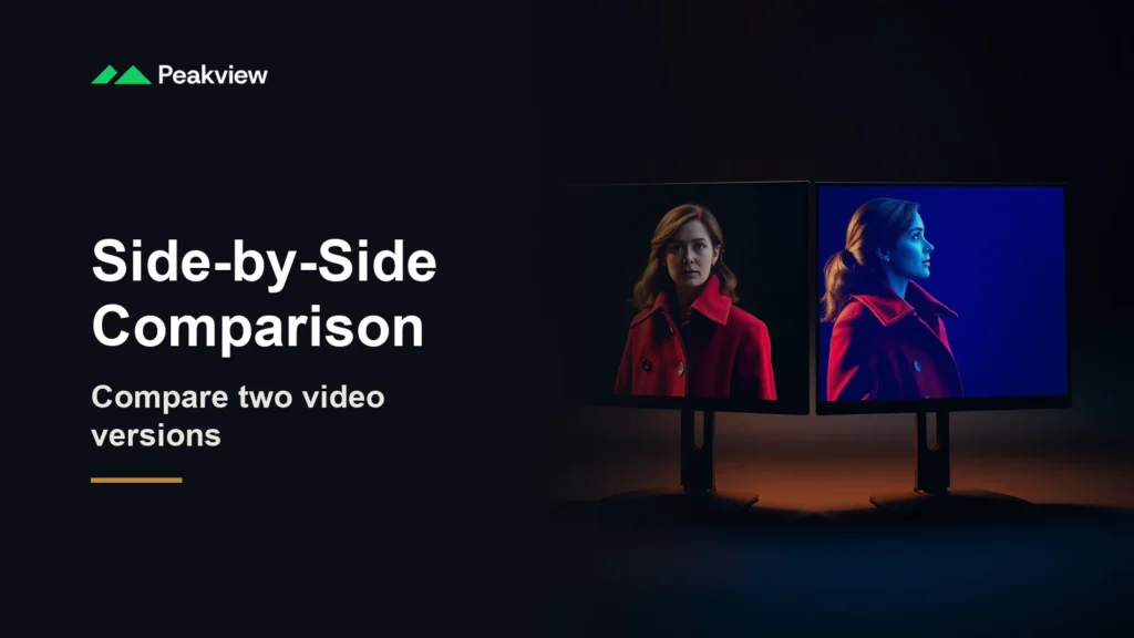 PeakView logo and the headline Side-by-Side Comparison, compare two video versions, beside two monitors showing a woman in a red coat graded warm and cool