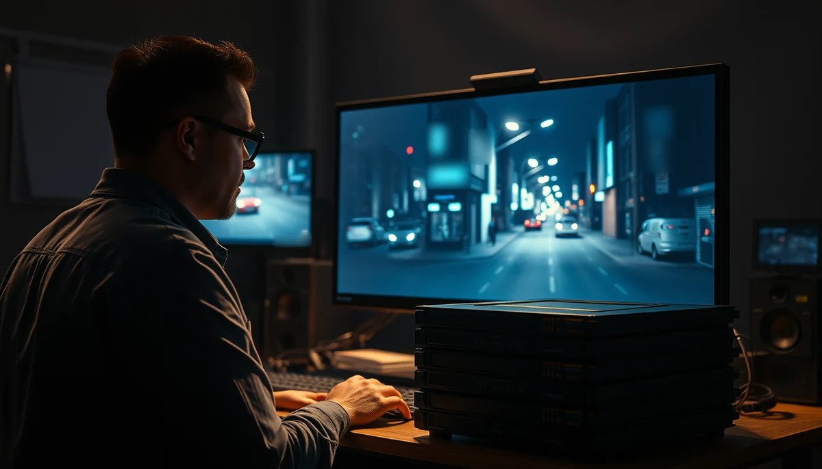 A delivery technician reviews a night street shot on a large reference monitor beside a stack of hard drives