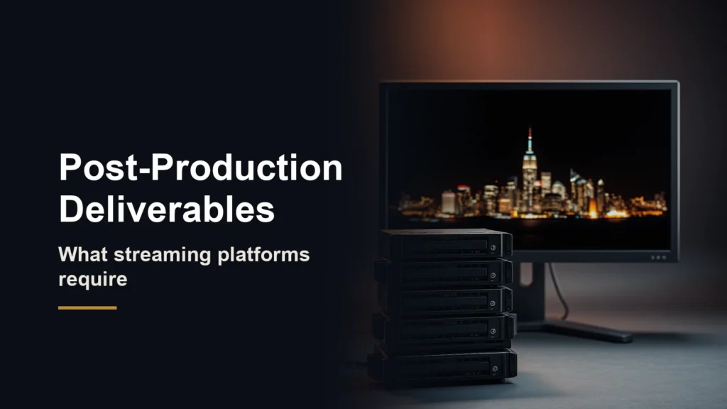 Headline Post-Production Deliverables, what streaming platforms require, beside a reference monitor showing a city skyline at night and a stack of hard drives