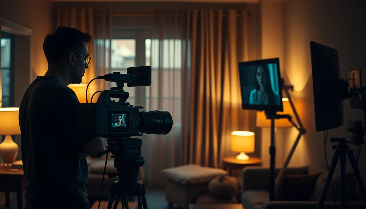 A camera operator films an actress on a warmly lit apartment set while a monitor shows her close-up