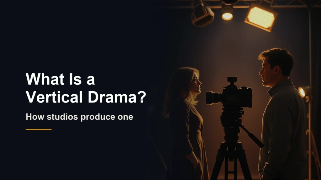 Headline What Is a Vertical Drama? How studios produce one, beside two actors facing each other on a lit set with a camera between them