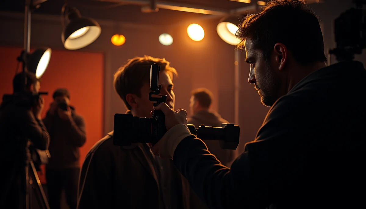 A camera operator frames a young actor with a camera rig on a warmly lit set as crew work behind