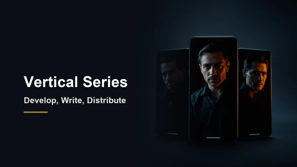 Headline Vertical Series, develop, write, distribute, beside three upright phones showing dramatic close-ups of actors